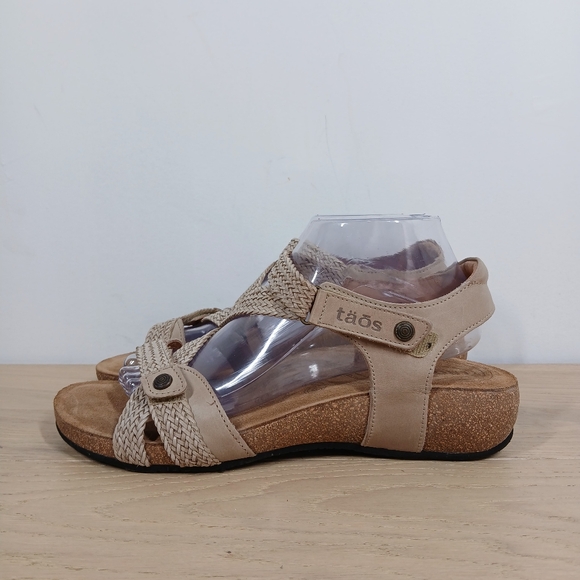 Taos Trulie Beige Leather Strappy Cork Wedge Comfort Sandals 319 - Picture 1 of 12